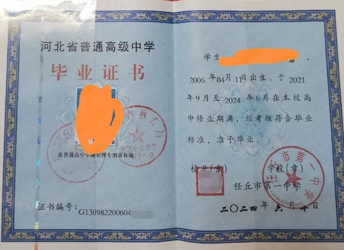 亳州任丘市第一中学高中毕业证样本图片